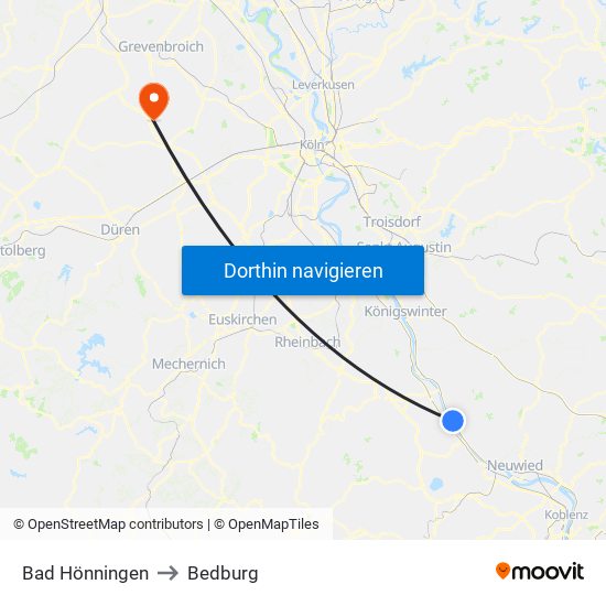 Bad Hönningen to Bedburg map