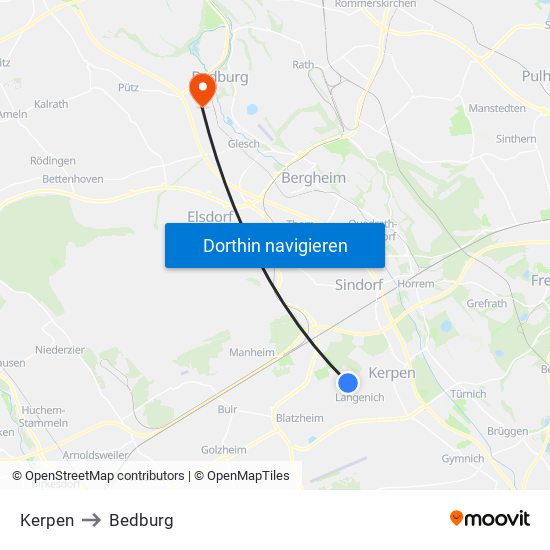 Kerpen to Bedburg map