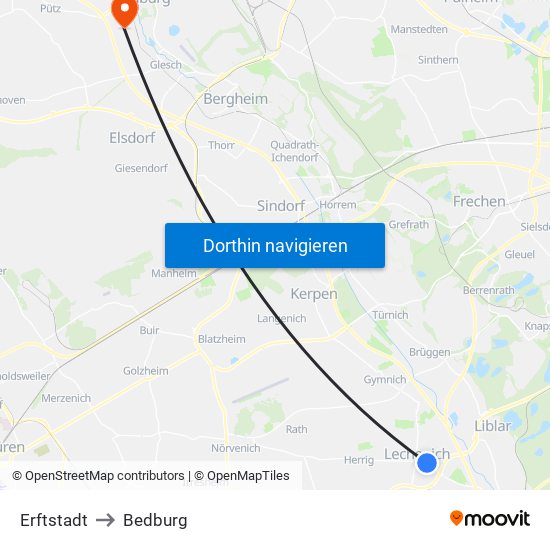 Erftstadt to Bedburg map