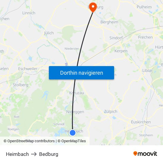 Heimbach to Bedburg map