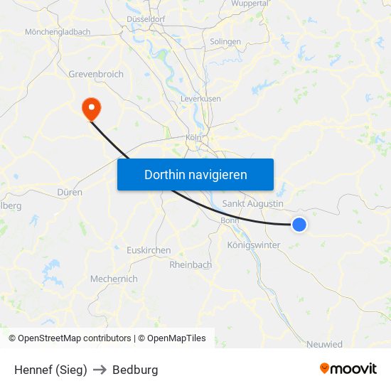 Hennef (Sieg) to Bedburg map