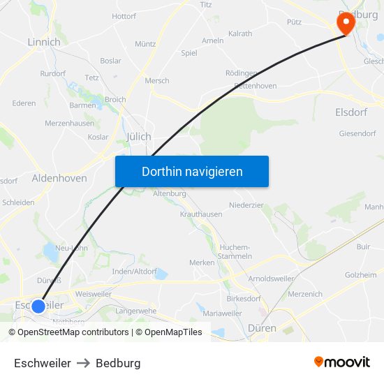 Eschweiler to Bedburg map