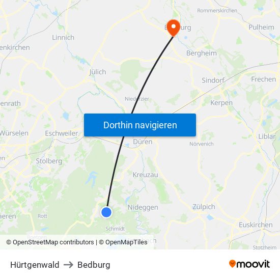 Hürtgenwald to Bedburg map