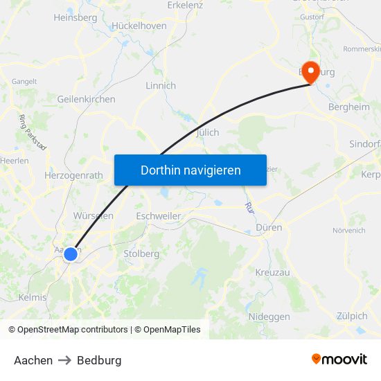 Aachen to Bedburg map