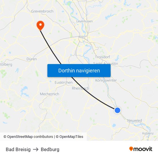Bad Breisig to Bedburg map