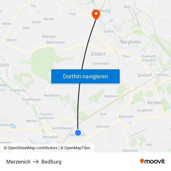 Merzenich to Bedburg map