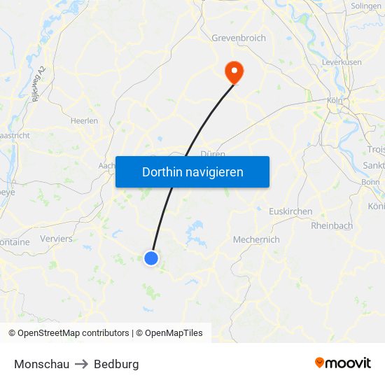 Monschau to Bedburg map