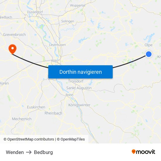 Wenden to Bedburg map