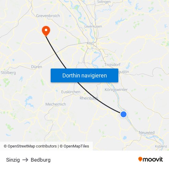 Sinzig to Bedburg map