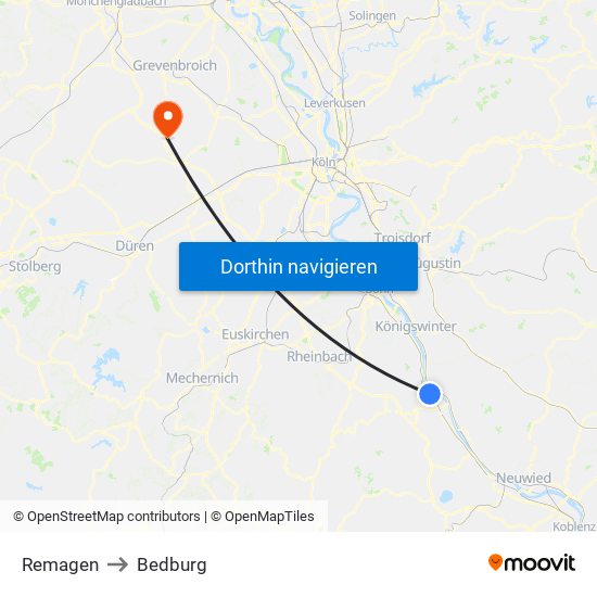 Remagen to Bedburg map