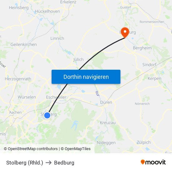 Stolberg (Rhld.) to Bedburg map