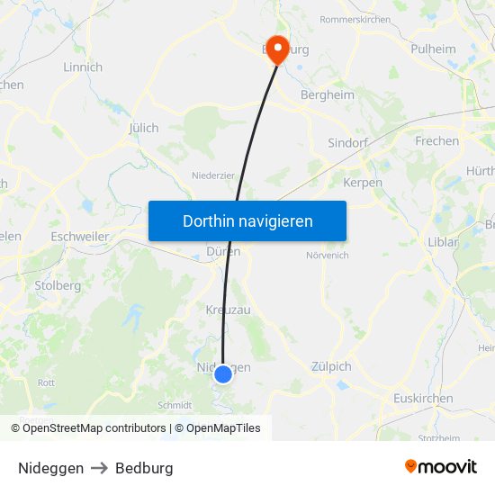 Nideggen to Bedburg map