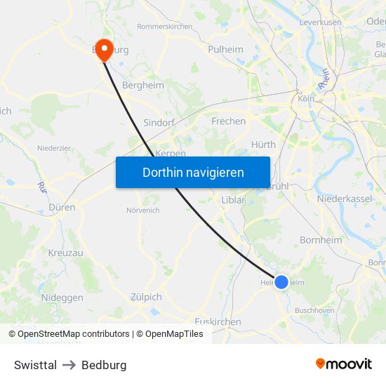 Swisttal to Bedburg map