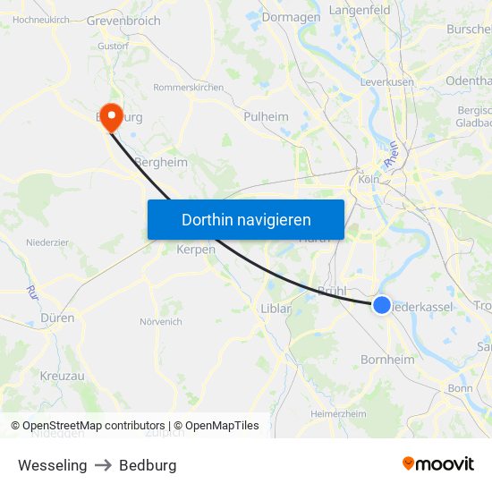 Wesseling to Bedburg map