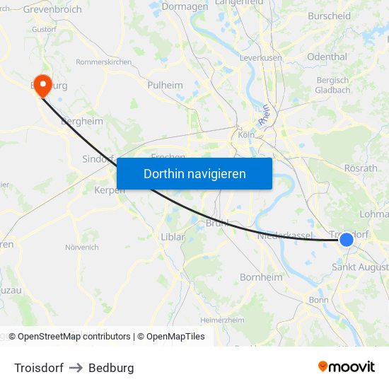 Troisdorf to Bedburg map