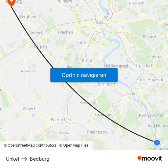 Unkel to Bedburg map