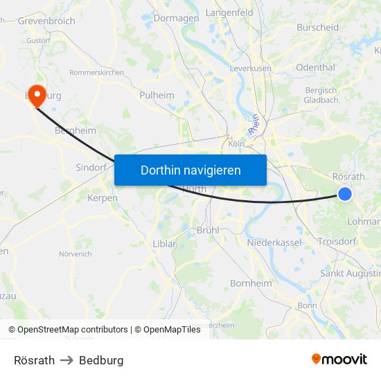 Rösrath to Bedburg map