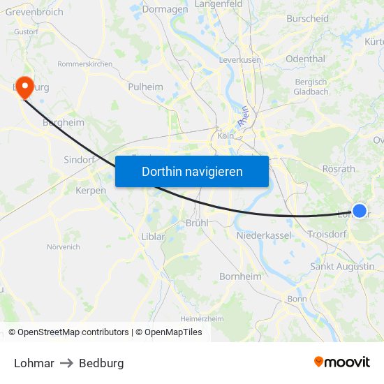 Lohmar to Bedburg map