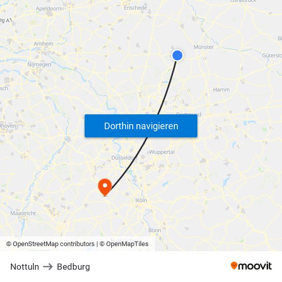 Nottuln to Bedburg map