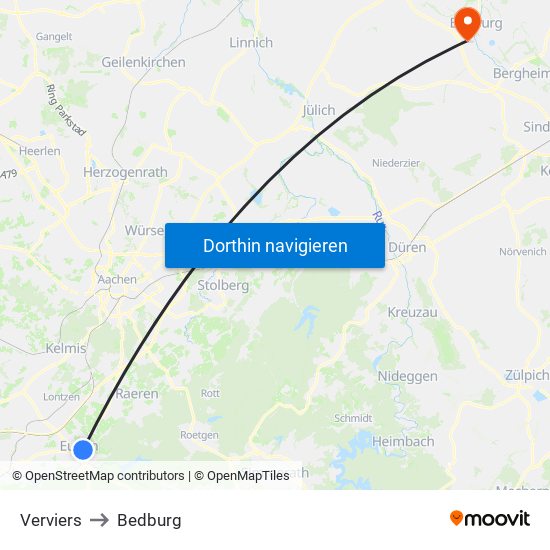 Verviers to Bedburg map