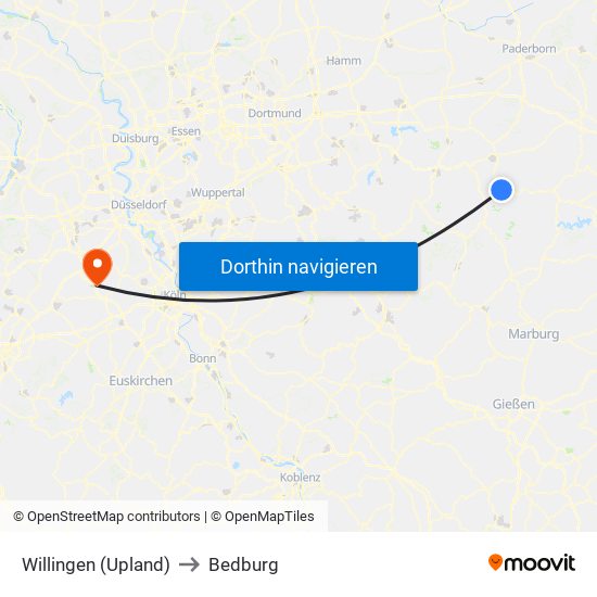 Willingen (Upland) to Bedburg map