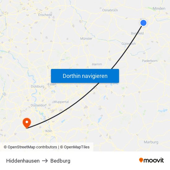 Hiddenhausen to Bedburg map