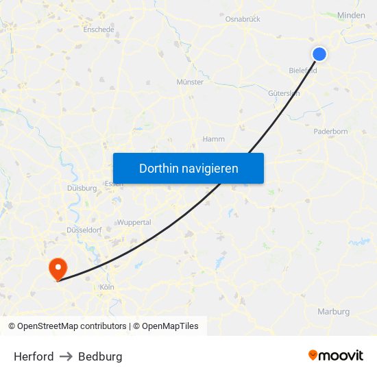 Herford to Bedburg map