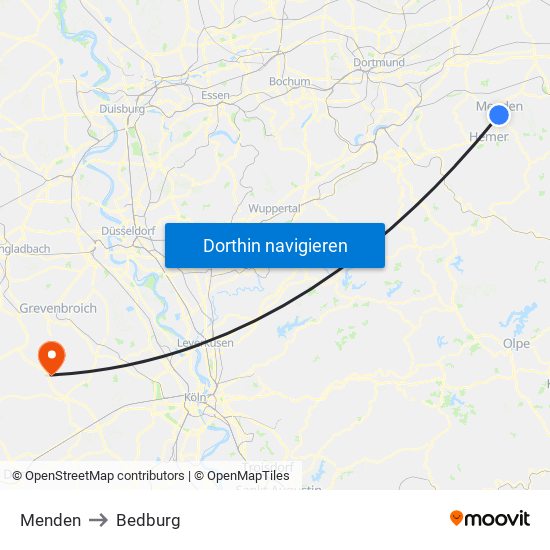 Menden to Bedburg map