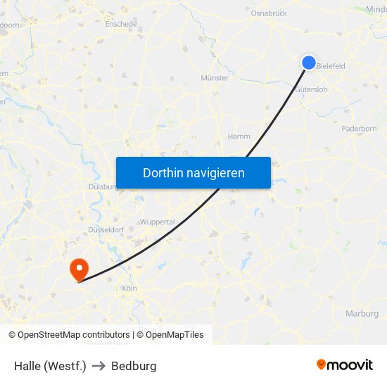 Halle (Westf.) to Bedburg map