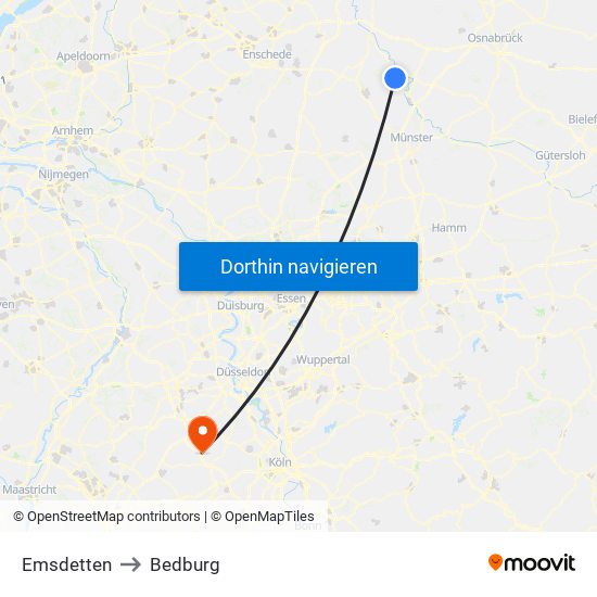 Emsdetten to Bedburg map