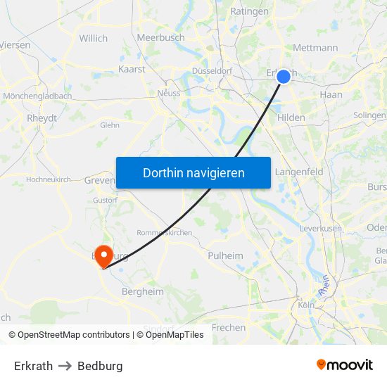 Erkrath to Bedburg map