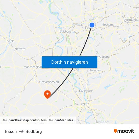 Essen to Bedburg map