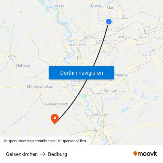 Gelsenkirchen to Bedburg map