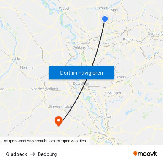 Gladbeck to Bedburg map