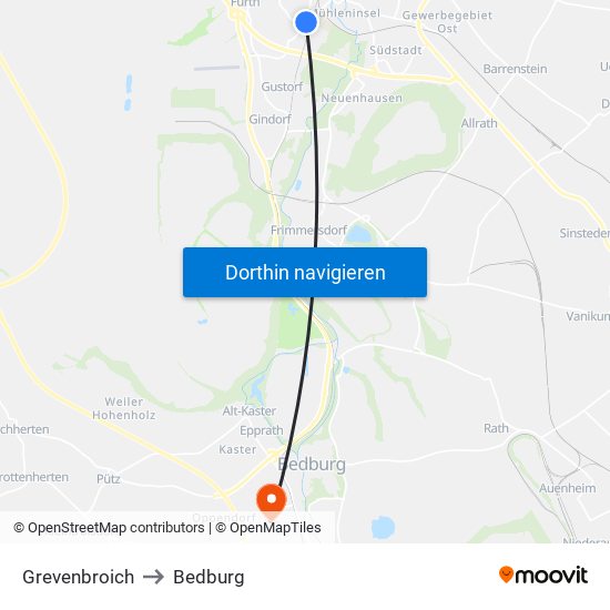 Grevenbroich to Bedburg map