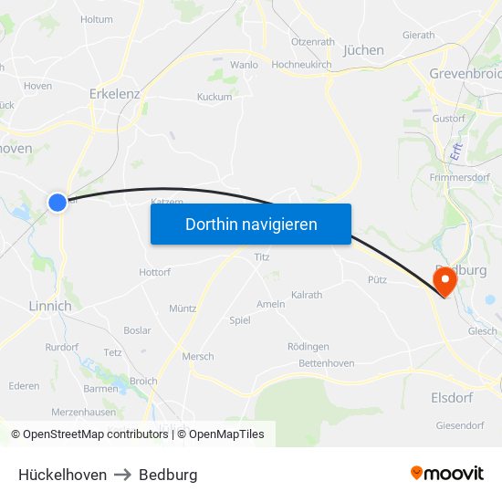 Hückelhoven to Bedburg map