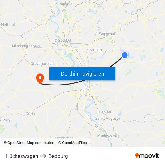 Hückeswagen to Bedburg map