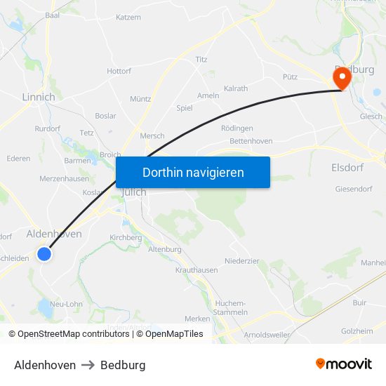 Aldenhoven to Bedburg map