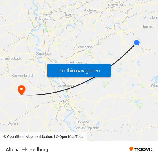 Altena to Bedburg map