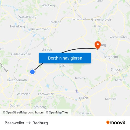 Baesweiler to Bedburg map