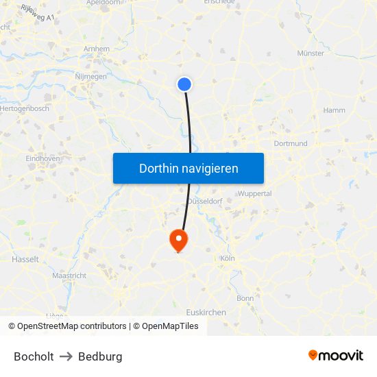 Bocholt to Bedburg map