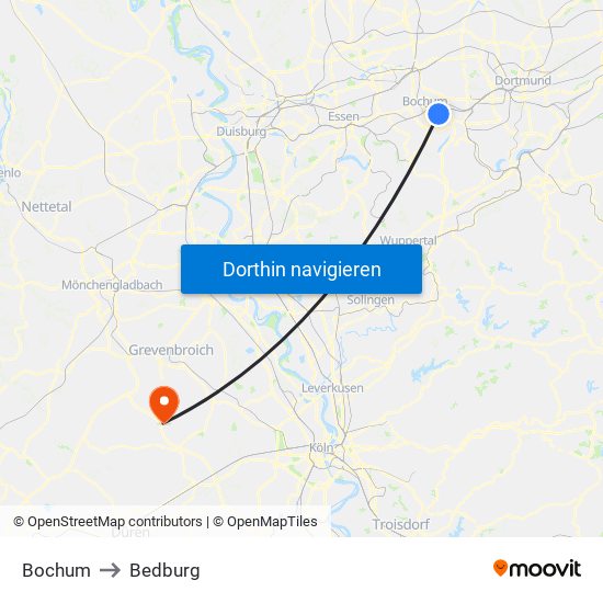 Bochum to Bedburg map