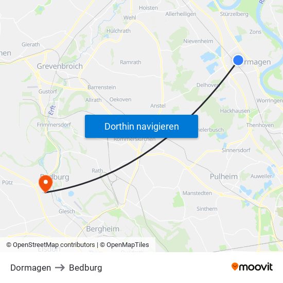 Dormagen to Bedburg map