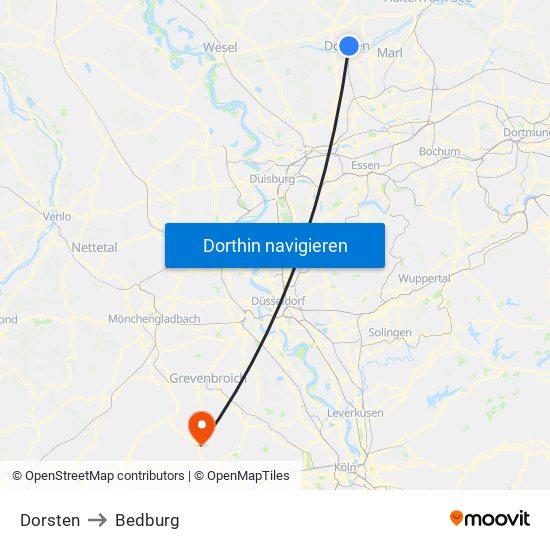 Dorsten to Bedburg map
