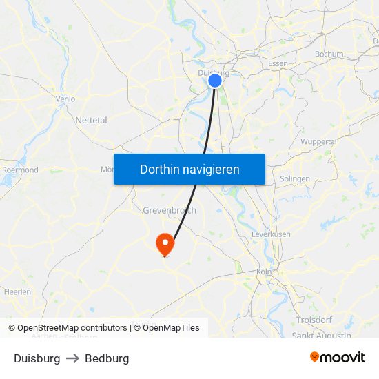 Duisburg to Bedburg map