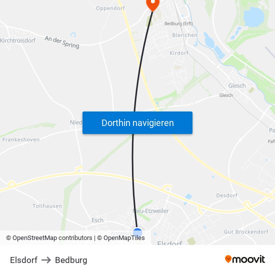 Elsdorf to Bedburg map