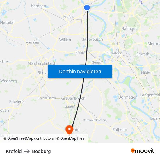 Krefeld to Bedburg map