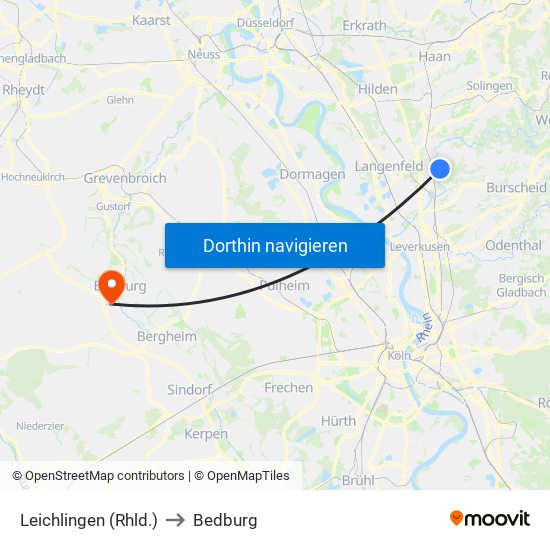 Leichlingen (Rhld.) to Bedburg map