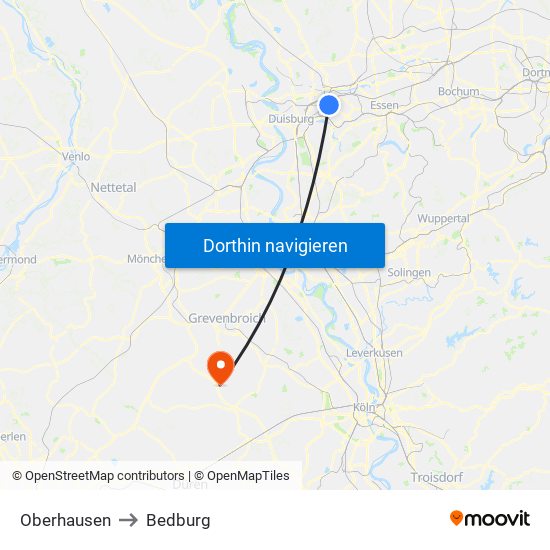 Oberhausen to Bedburg map