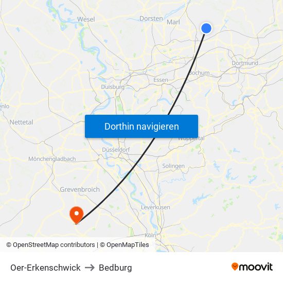 Oer-Erkenschwick to Bedburg map